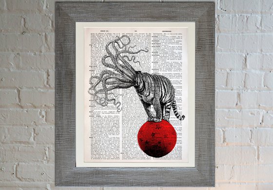 Octopus Circus - Collage Art Print on Large Real English Dictionary Vintage Book Page