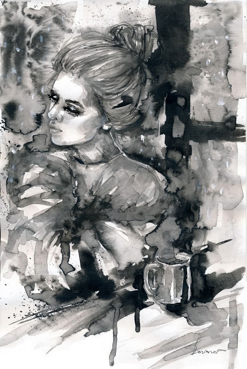 Expressive Portrait Ink Drawing By Doriana Popa, 10 X 15, Rainy Days, Original Artwork