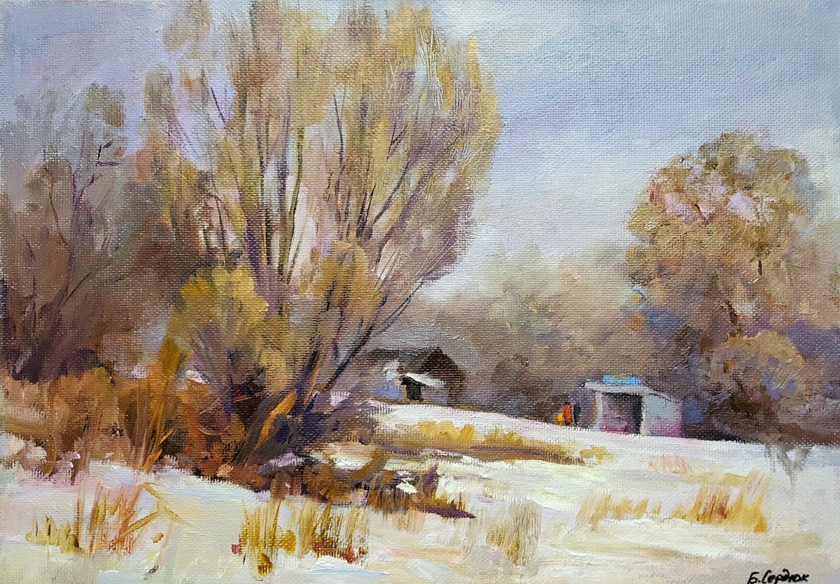 Impressionistic Landscape Oil Painting By Boris Serdyuk, 18 X 14, The Beginning Of Winter, Original Artwork