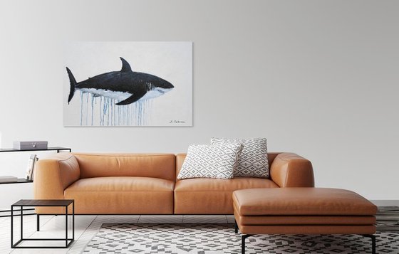 Large Abstract The Great White Shark. Acrylic painting on canvas. Ocean animals, black, white. Painting 61x91cm.