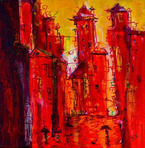 Red Rainy City - original painting