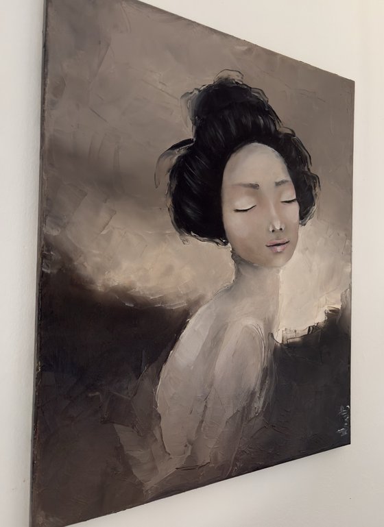 Abstract Geisha Portrait impasto brown tones