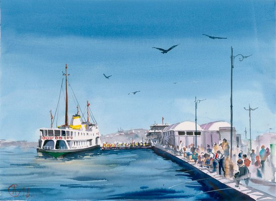 Istanbul boat station. Original watercolor. Sea Turkey Blue travel city urban scene interior