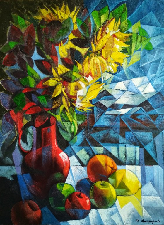 Still life with sunflowers (60x80cm, cubism, oil painting, ready to hang)