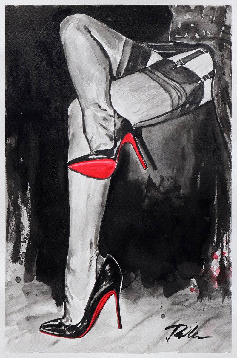 Urban And Pop Portrait Ink Drawing By Tashe, 12 X 18", "Louboutin High Heels", Original Artwork
