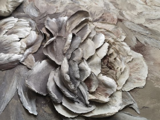 Peonies sculptural painting-neutral color relief landscape with silver light on a horizontal painting 60x40x4 cm