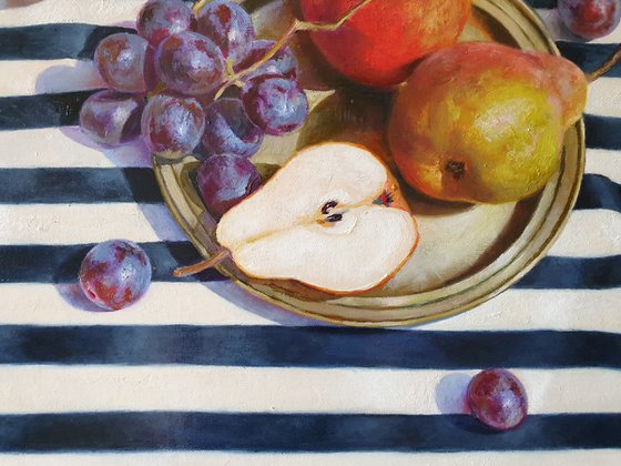 "Pears and grapes on a striped tablecloth."  still life summer grape pear white liGHt original painting  GIFT (2019)