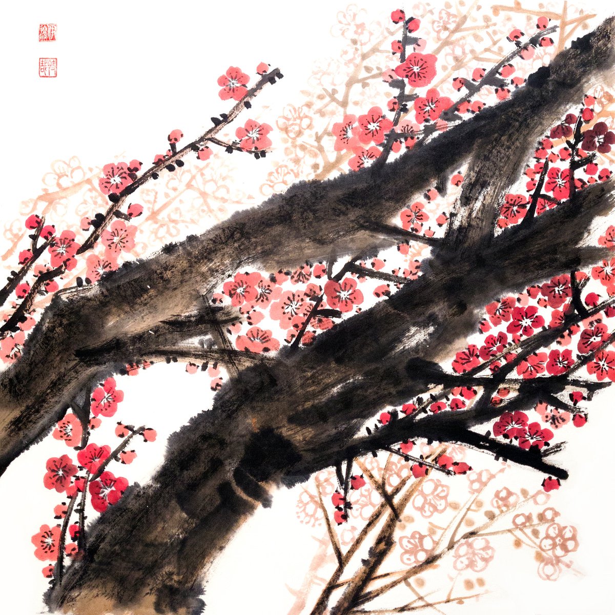 Old blooming plum - Oriental Chinese Ink Painting by Ilana Shechter