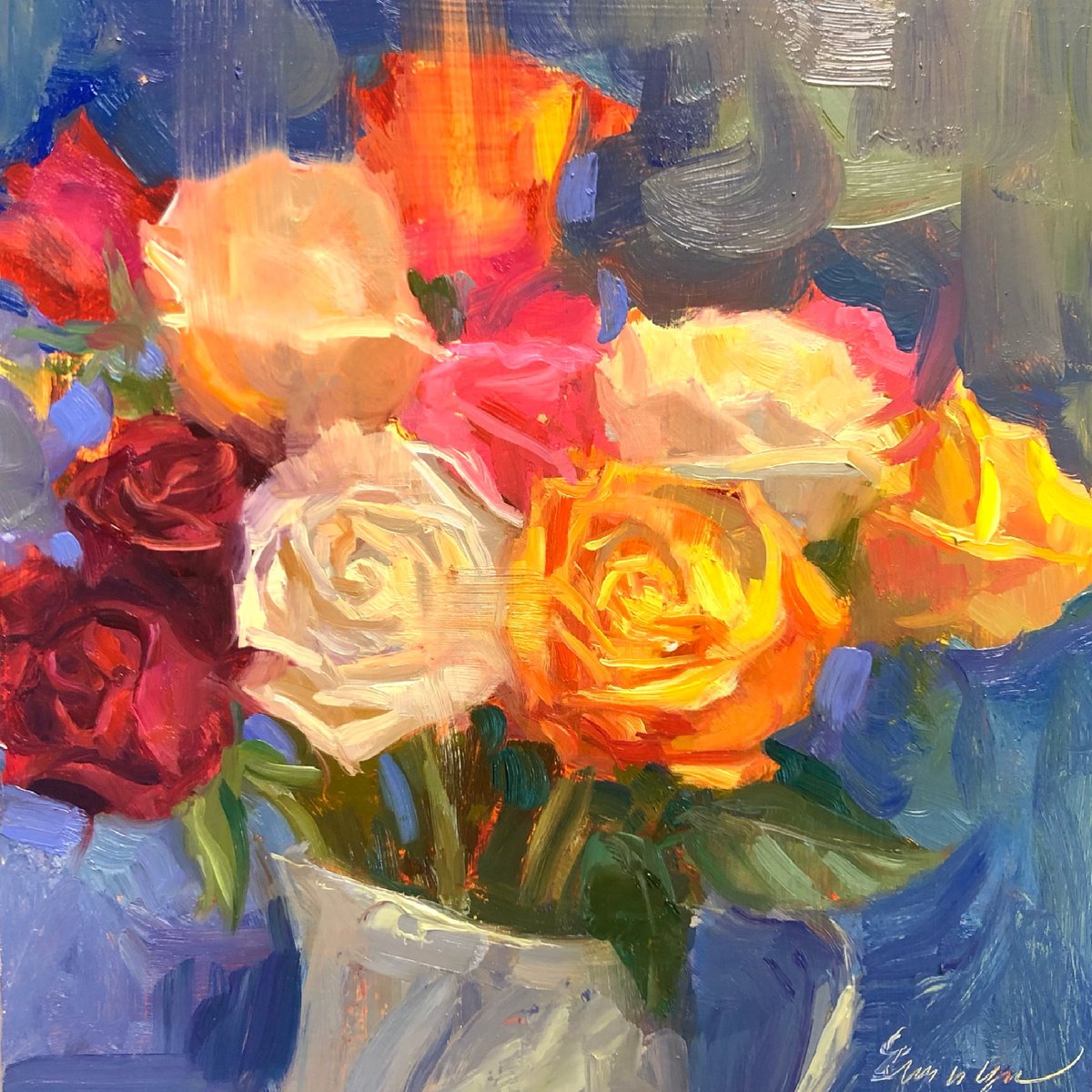 Colorful Roses Painting Vivid Flowers Original Still Life Oil On Board Impressionism Artwo... by Emiliya Lane