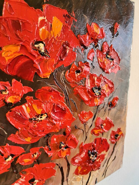 Red poppies brown background