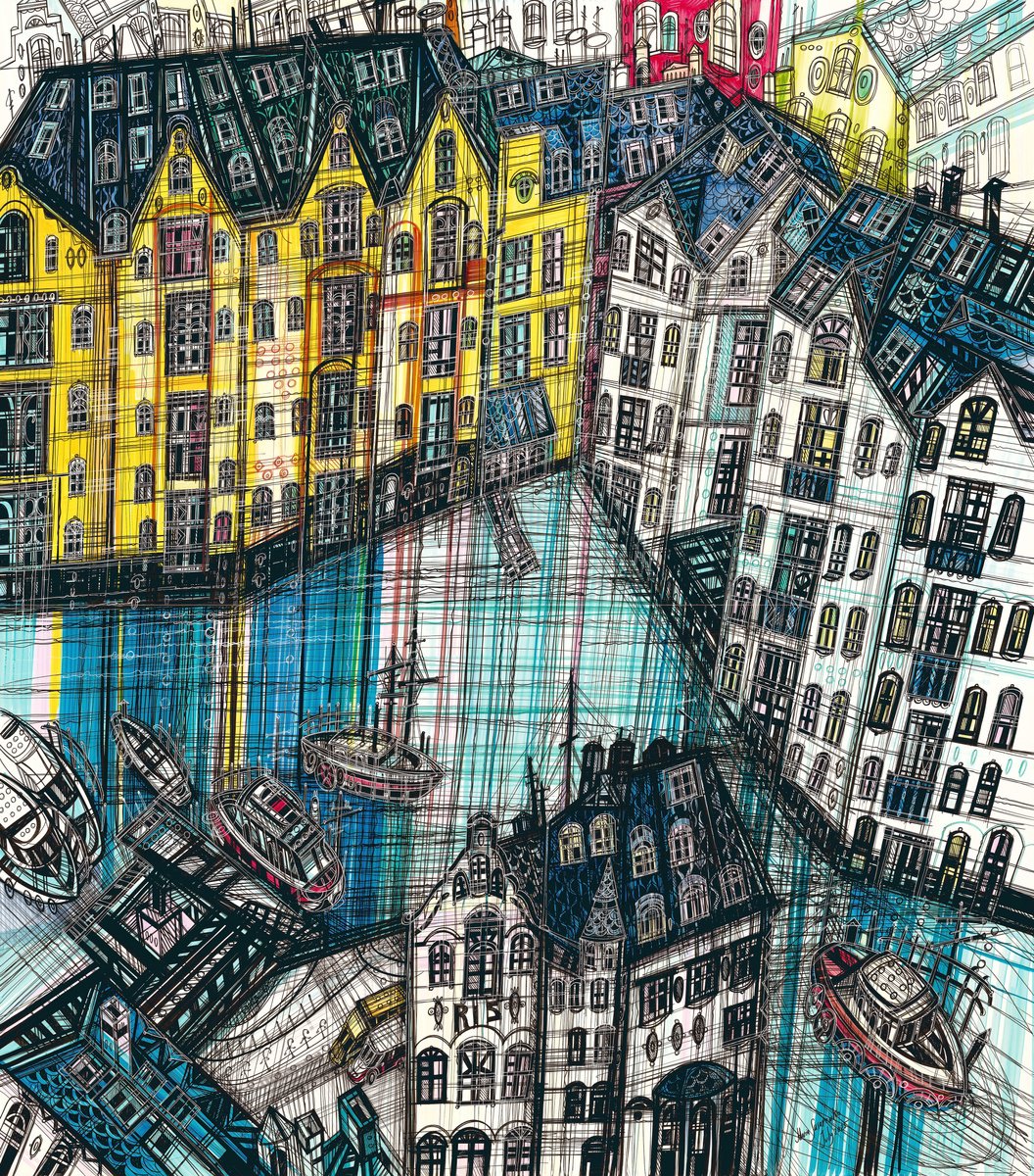 Impressionistic Cityscapes Drawing By Maria Susarenko, 32 X 36", Alesund. Norway, Original Artwork