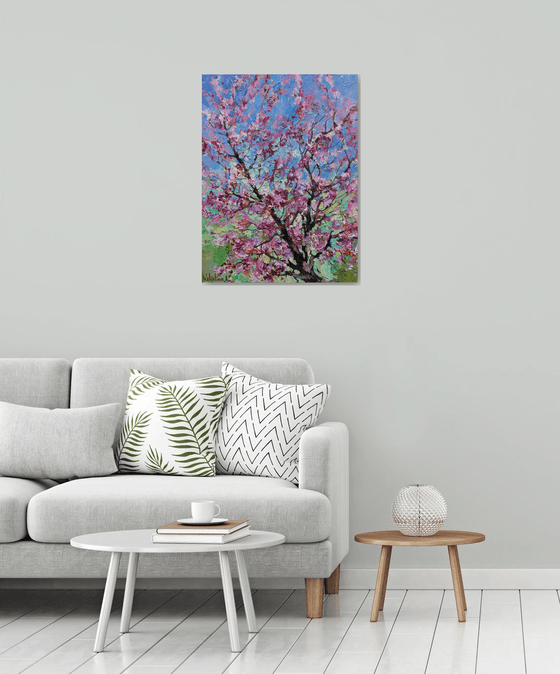 Flowering peach tree Original oil painting