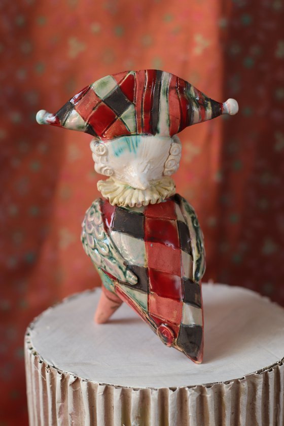 Harlequin Bird. Ceramic sculpture.