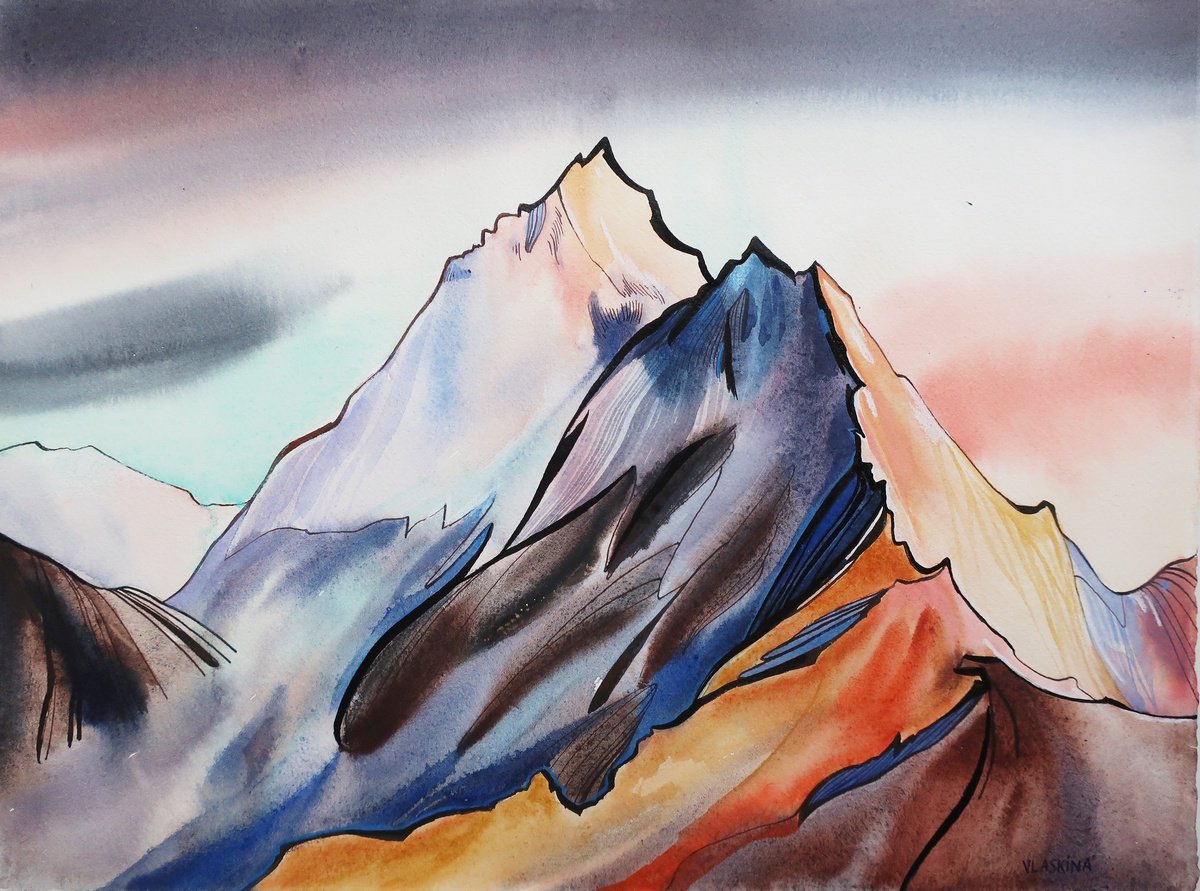 Mountain landscape. Ama Dablam, Himalayas Mixed-media painting by Alla ...