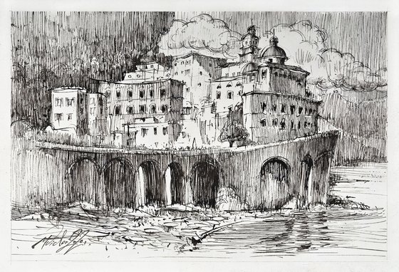 Amalfi, 2020, original ink drawing on paper.