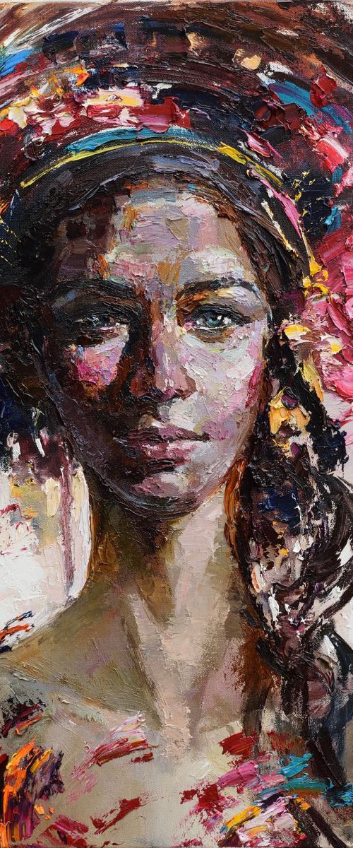 Flowers in her hair - Original oil girl portrait painting by Anastasiia Valiulina