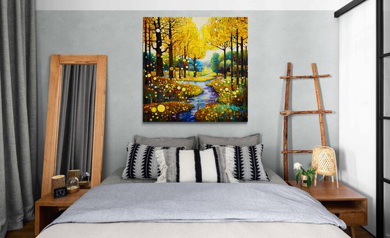 Warm green gold forest and calm river with light reflections and bright sunbeams in Klimt style. Hanging large positive relax colorful wall art for home decor