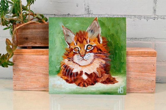 Ginger kitty, Cat Oil Painting Original Art Ginger Maine Coon Kitten Artwork Small Pet Portrait Wall Art