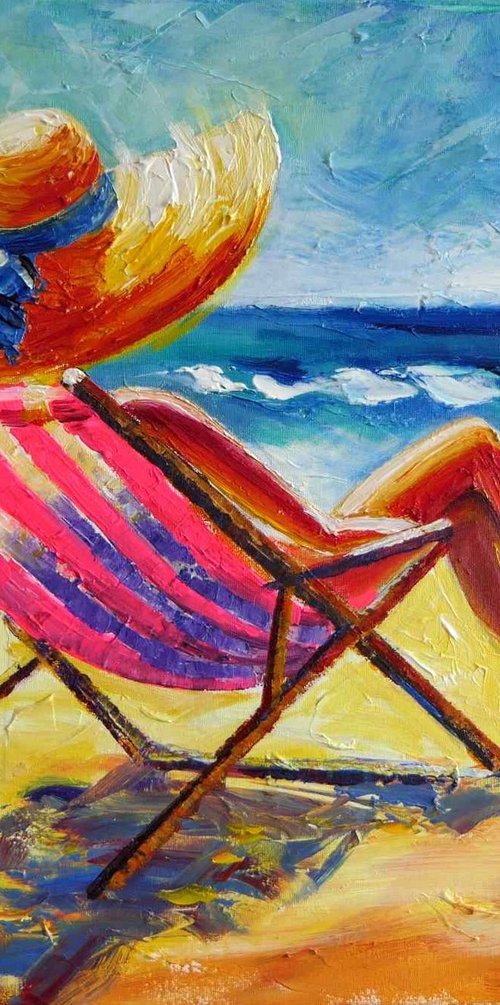 Woman Beach Painting Straw Hat Sunbed by Ion Sheremet