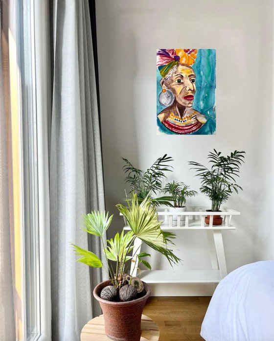 Flower Head African Woman Original Painting
