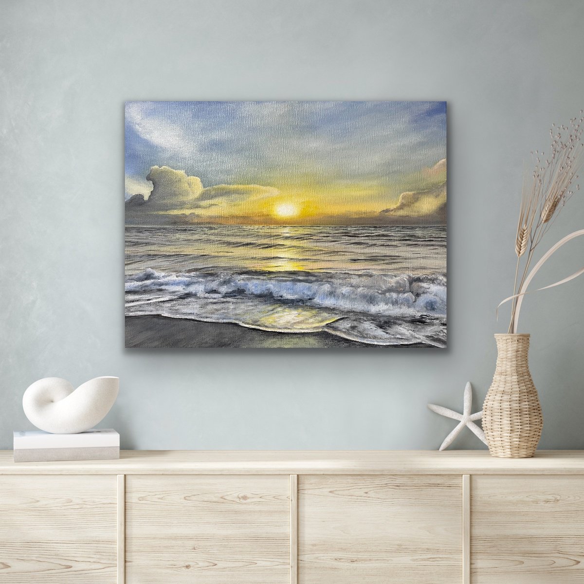 Photorealistic Landscape Oil Painting By Aflatun Israilov, 20 X 17, Ocean Sunset, Original Artwork