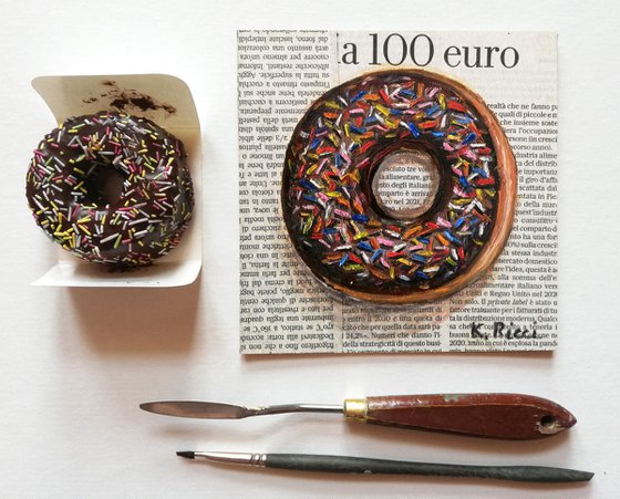 "Brown Donut on Newspaper" Original Oil on Canvas Board Painting 6 by 6 inches (15x15 cm)