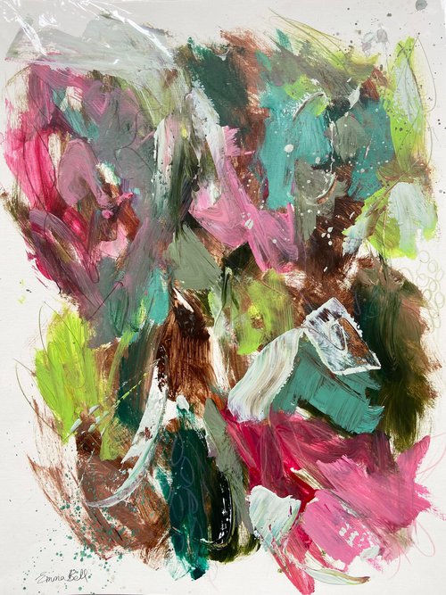 Pink and Aqua Flowers acrylic on paper by Emma Bell