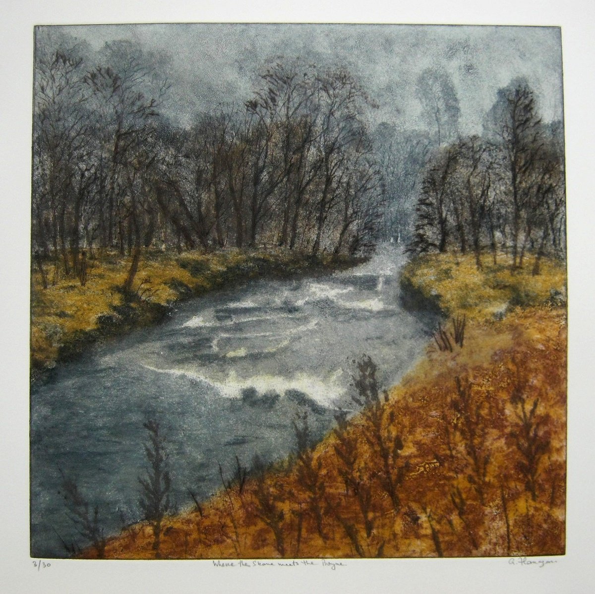 Impressionistic Landscape Etchings & Engravings By Aidan Flanagan Irish Landscapes, 19 X 19, Where The Skane Meets The Boyne, Artfinder