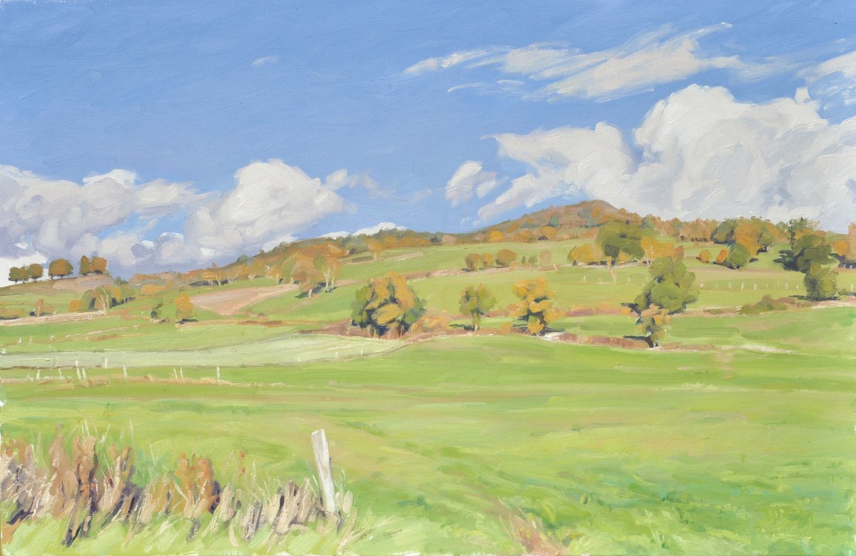 Impressionistic Landscape Oil Painting By Anne Baudequin, 36 X 24, October 26, Ceneuil Mountain, Original Artwork