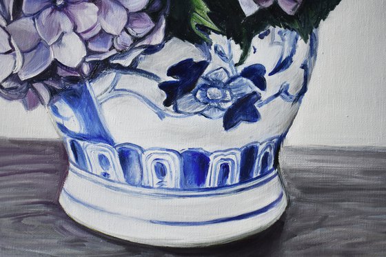 Square oil painting "Hydrangea in a vase" 60 * 60 cm