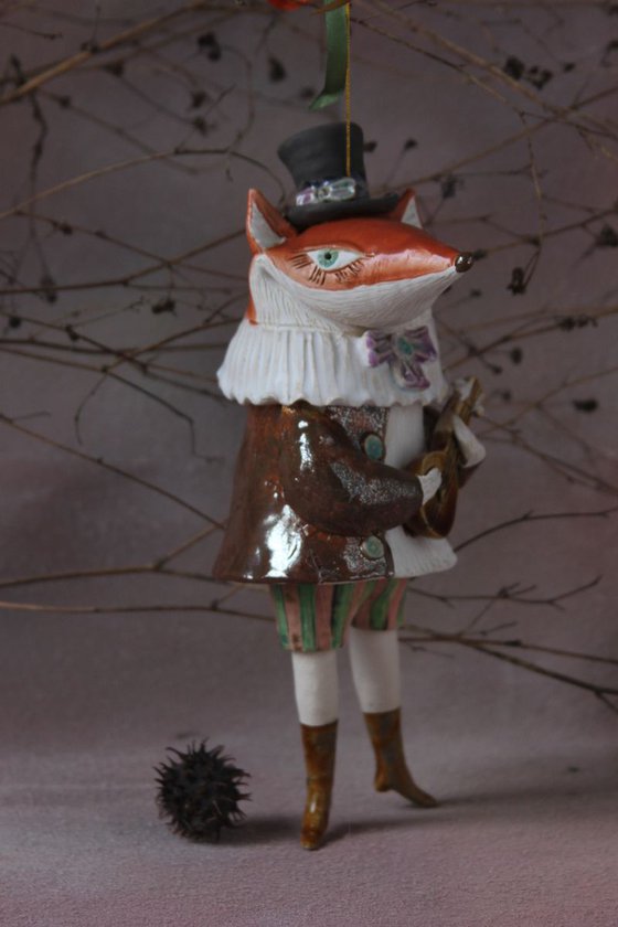 FOXY WITH A MANDOLIN, SCULPTURED CERAMIC BELL DOLL 2018