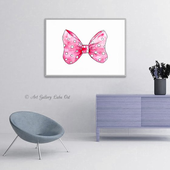 Pink Bow Art, Watercolor Painting