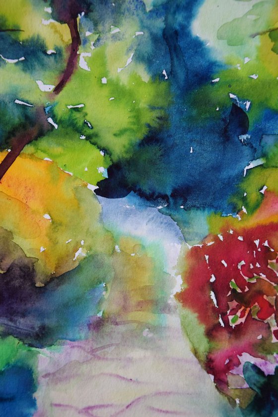 Blooming forest abstract landscape, original watercolor painting, Botanical garden