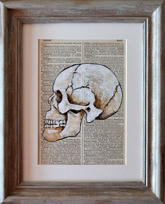 Skull 1 - Framed Original Collage Art on Vintage Page