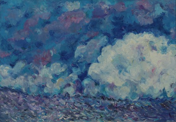 CLOUDS IN HIMALAYAS - large original impressionistic painting, blue sky landscape, skyscape cloudscape