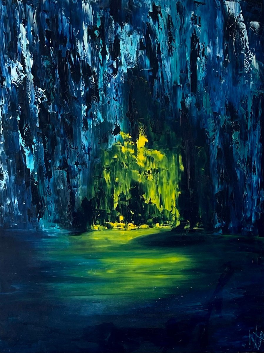 Abstract Landscape Oil Painting By Anastasiia Novitskaya, 28 X 35, Luminus Cave, Original Artwork