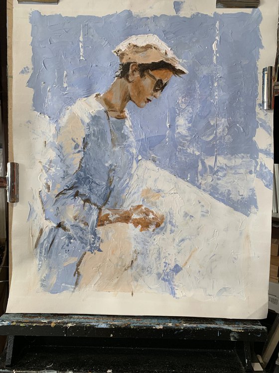 Quiet woman in Blue.