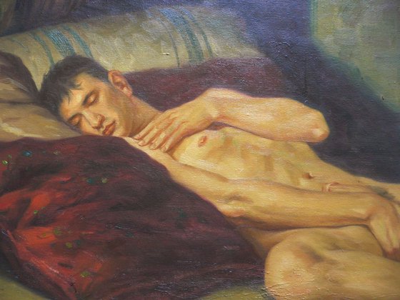 ORIGINAL OIL PAINTING  GAY ARTWORK  MALE NUDE SLEEPING ON BED ON LINEN#16-7-10