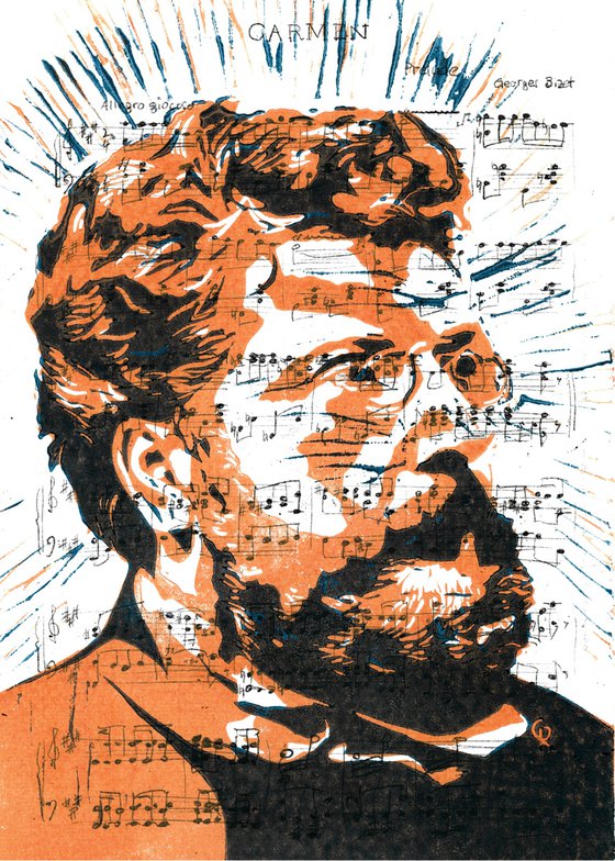 Composers - Georges Bizet - Portrait on notes in orange and blue