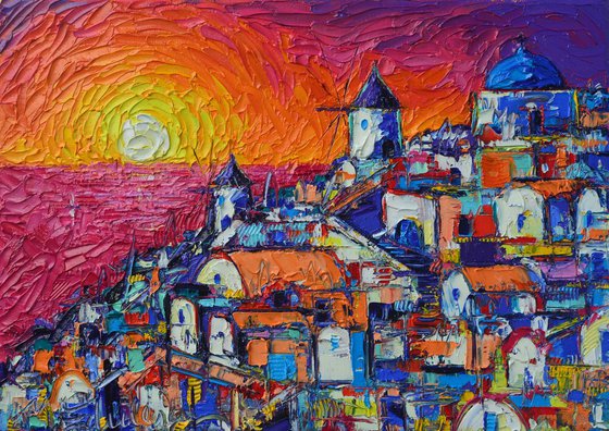 ABSTRACT SANTORINI OIA SUNSET 7 GREECE CYCLADES ISLANDS contemporary impressionist abstract cityscape impasto palette knife original oil painting