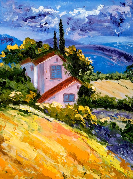 Italy Painting Landscape Original Art Tuscany Oil Impasto Palette Knife Artwork Farm House Home Wall Art 19 by 25" by Halyna Kirichenko