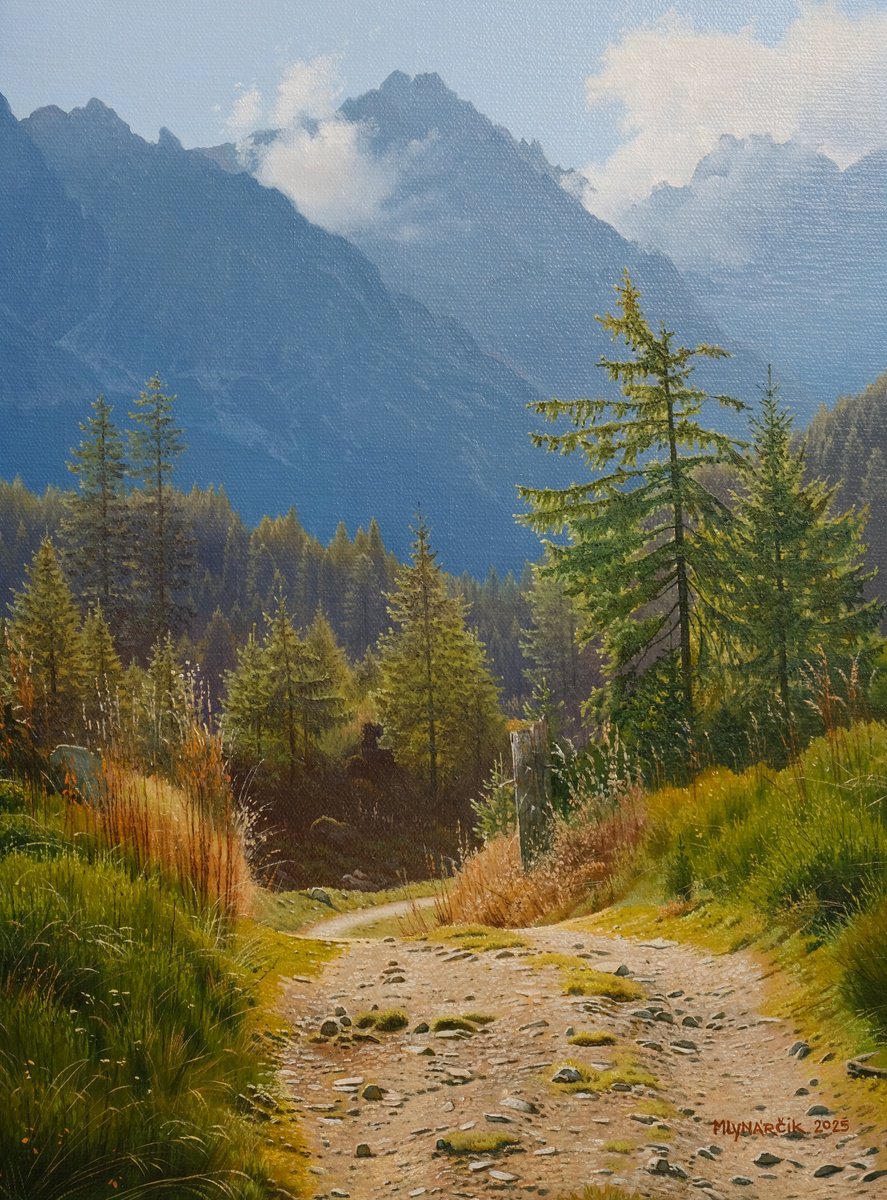 Photorealistic Landscape Oil Painting By Mlynarcik Emil, 12 X 16", Path To The Mountains, Original Artwork