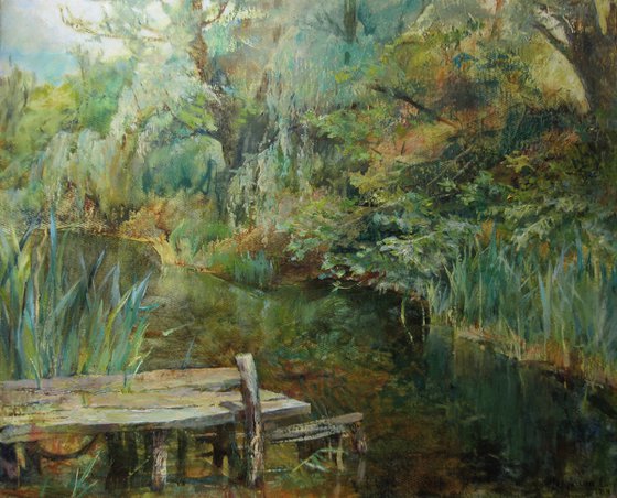 A place of relaxation. Near the bridge. Original oil painting