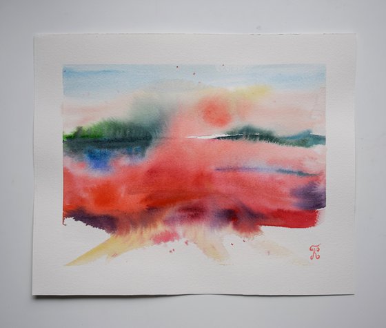 Abstract landscape painting, original watercolor painting, abstract red wall art