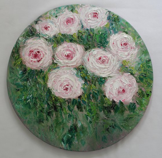New year, new dreams - Rose bush in a garden -Palette knife- Oil painting - Impressionistic Roses on stretched circular canvas- floral art