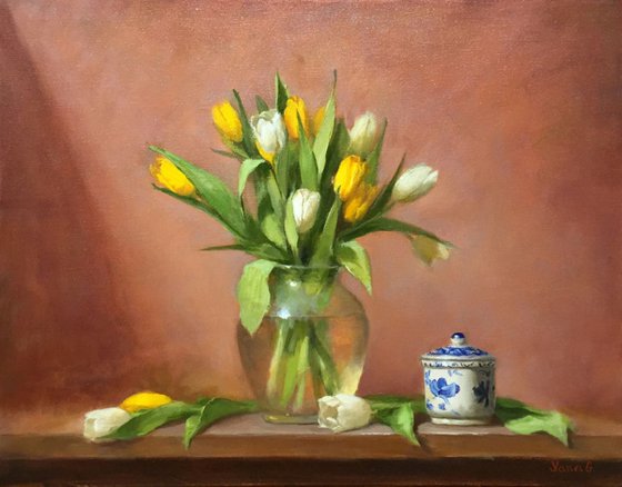 Tenderness. Yellow white tulips. Still life flower. Original oil painting by Yana Golikova. Framed art