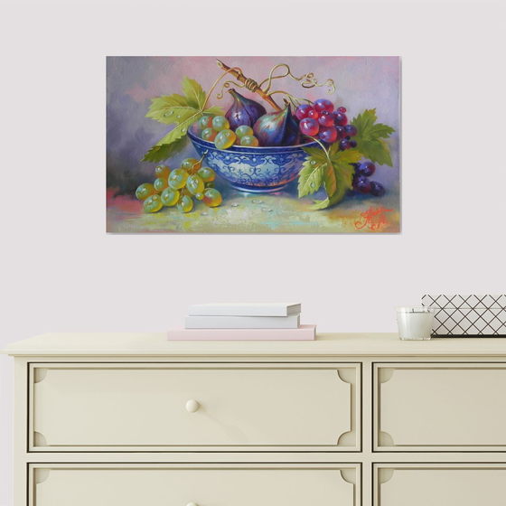 "Still life with fruit" OIL ON CANVAS ORIGINAL ART KITCHEN DECOR