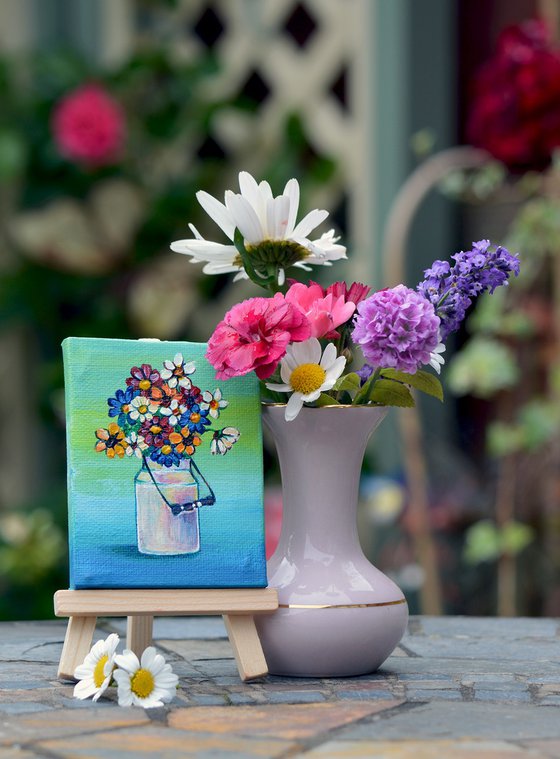 flowers in white milk urn, original acrylic miniature painting, still life