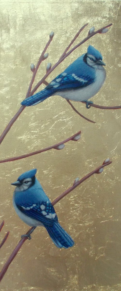 blue birds painting "Spring Jays" by Tatyana Mironova