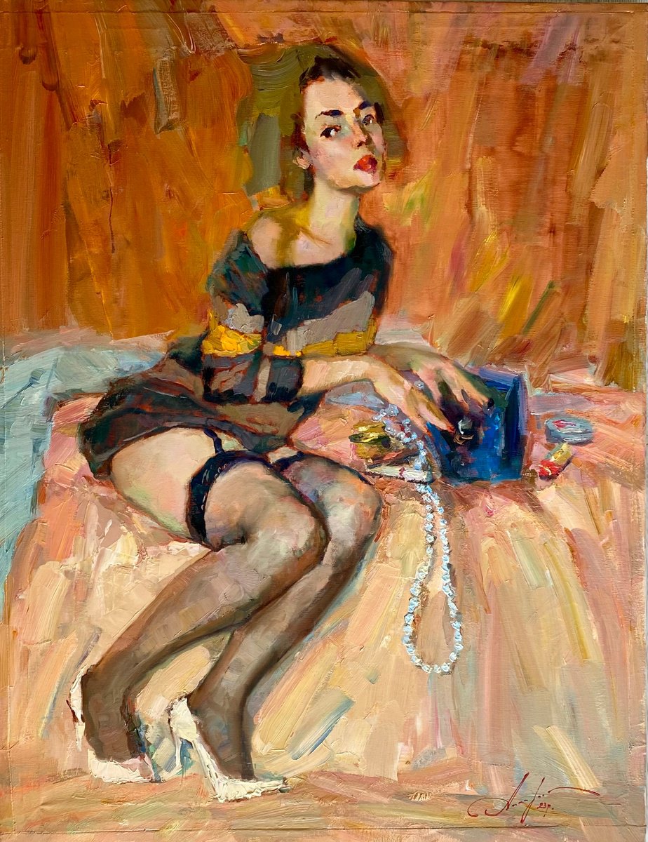 Impressionistic Portrait Oil Painting By Oleksii Chebotaru, 28 X 35", Backstage, Original Artwork